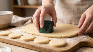 Mains utilisant un emporte-pièce gravé sur une pâte à sablés étalée sur une planche en bois.
