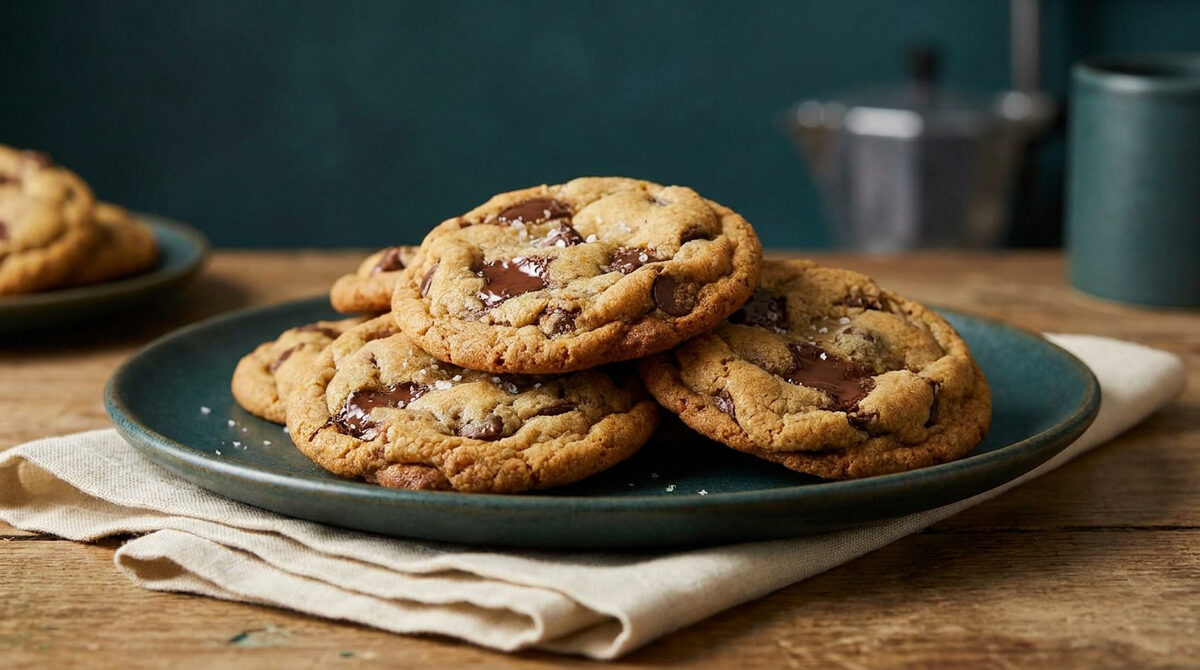 Une pile de cookies épais aux pépites de chocolat sur une assiette bleue, posée sur une table en bois.