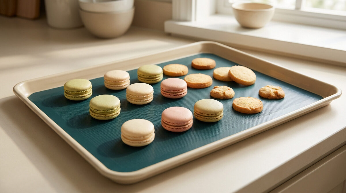 Plaque de cuisson avec un tapis en silicone vert portant des macarons colorés et des biscuits posés dans une cuisine.