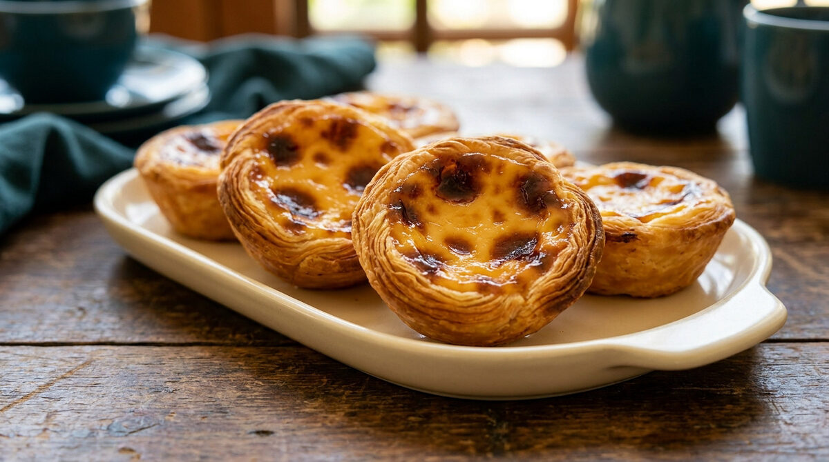 Gros plan sur des pastéis de nata dorés servis sur un plateau blanc, posé sur une table en bois rustique.