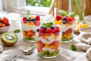 Photo réaliste illustrant dessert aux fruits sans cuisson dans l’univers L’Atelier Pâtissier — dessert frais