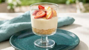 Verrine gourmande composée d'une base biscuitée, d'une crème onctueuse, de fraises et de pêches sur une assiette bleue.