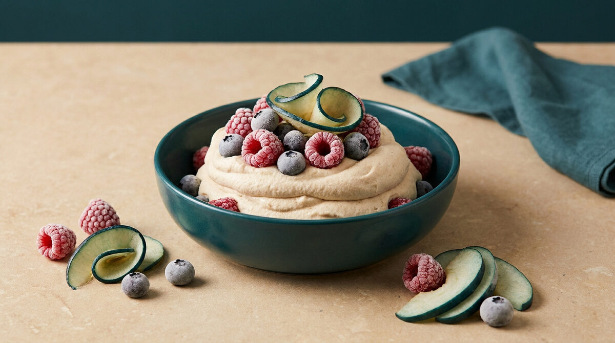 Bol de crème dessert nappé de framboises, myrtilles et fines lamelles de pomme surgelées sur une table.