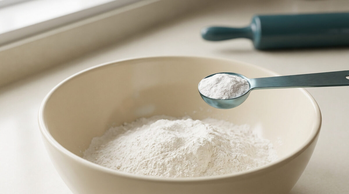 Une cuillère à mesurer remplie de levure chimique au-dessus d'un bol de farine dans une cuisine lumineuse.