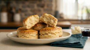 Une pile de scones anglais dorés sur une assiette en céramique, avec de la crème et de la confiture en arrière-plan.