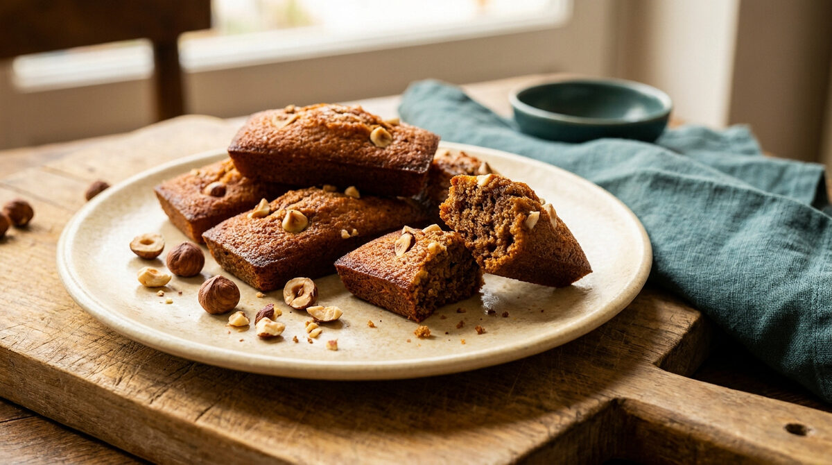 Plusieurs financiers aux noisettes dorés et moelleux disposés sur une assiette en céramique, accompagnés de noisettes entières.