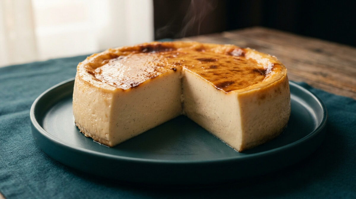 Un flan pâtissier vanillé, doré au four et découpé, servi sur une assiette bleue foncée sur une table en bois.
