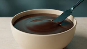 Sauce chocolat lisse et brillante dans un bol, texture nappante pour profiteroles.