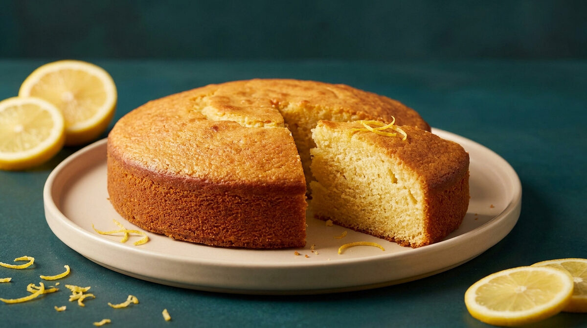 Un gâteau rond au citron tranché sur une assiette beige, accompagné de rondelles de citron sur fond bleu profond.
