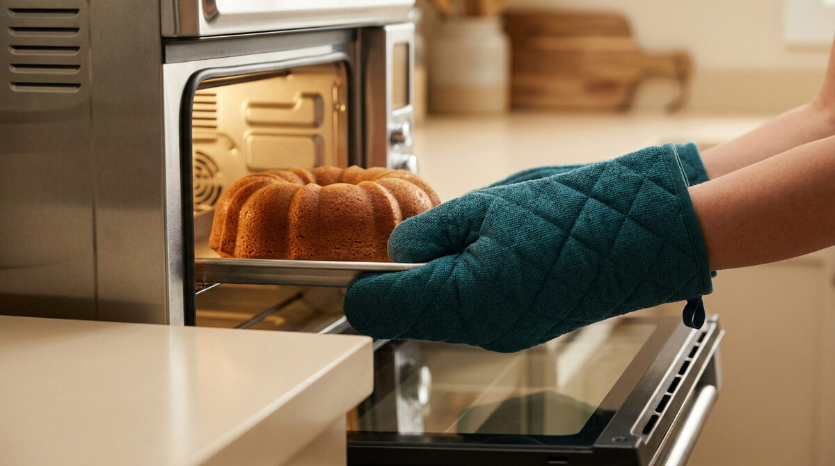 Des mains portant des gants de cuisine bleus retirent un gâteau doré d'un four à chaleur tournante en acier inoxydable.