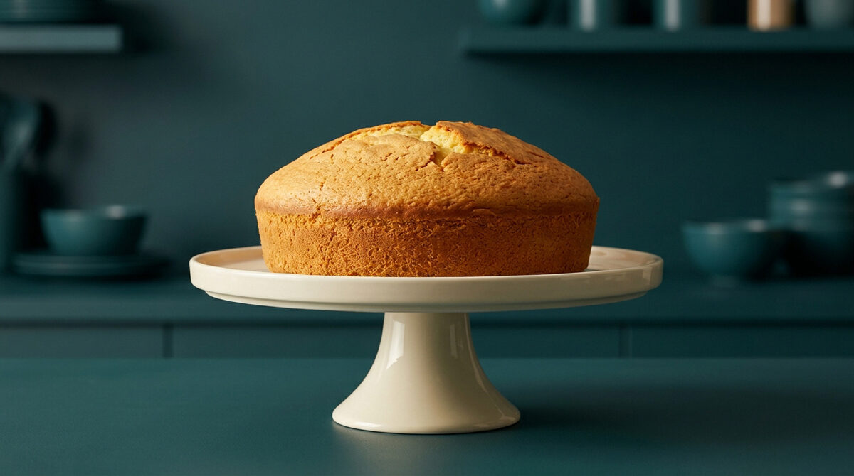 Un gâteau rond et doré bien gonflé posé sur un présentoir beige dans une cuisine moderne aux tons bleu pétrole.