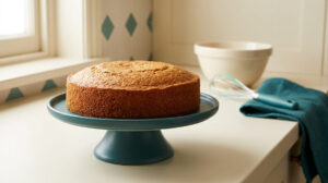 Un gâteau rond tout juste sorti du four posé sur un présentoir bleu sarcelle dans une cuisine lumineuse.