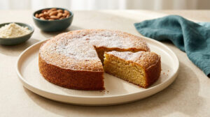 Gâteau à la poudre d'amande saupoudré de sucre glace sur une assiette beige, avec des amandes en arrière-plan.