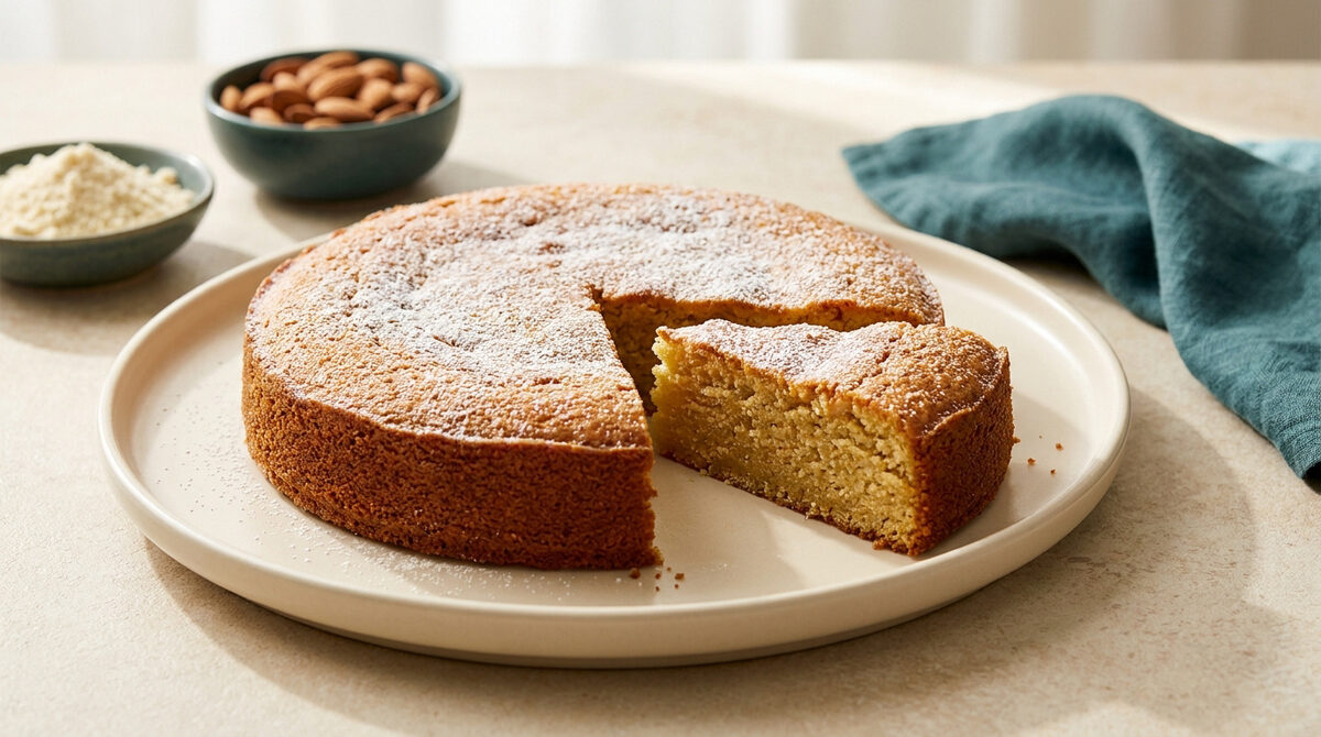 Gâteau à la poudre d'amande saupoudré de sucre glace sur une assiette beige, avec des amandes en arrière-plan.