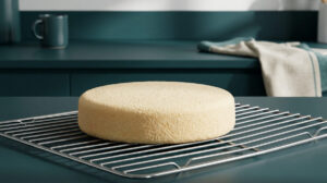 Un gâteau rond sortant du four repose sur une grille en métal dans une cuisine moderne.