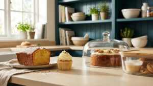 Gâteaux, cupcake et biscuits disposés sur un comptoir de cuisine, incluant une cloche en verre et des boîtes de stockage.