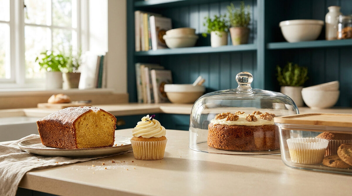 Gâteaux, cupcake et biscuits disposés sur un comptoir de cuisine, incluant une cloche en verre et des boîtes de stockage.