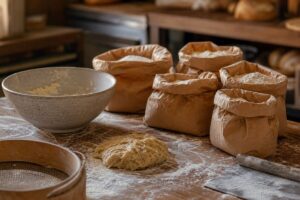 Différentes farines et ingrédients de pâtisserie sur un plan de travail