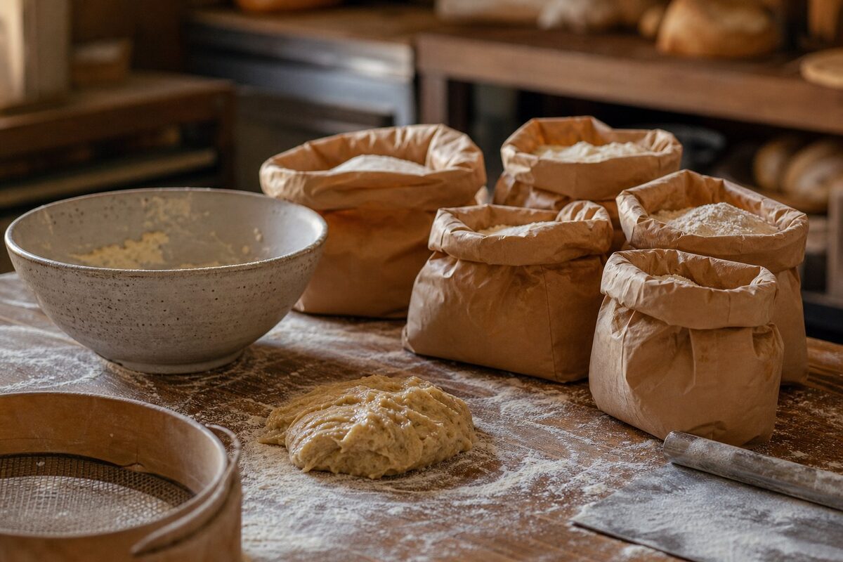 Différentes farines et ingrédients de pâtisserie sur un plan de travail