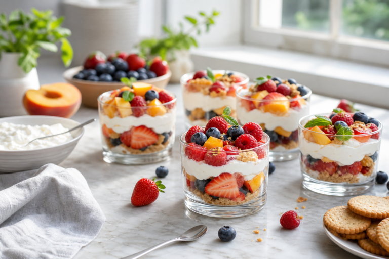 Dessert frais sans cuisson présenté en verrines aux fruits