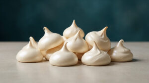 Un tas de petites meringues françaises lisses et brillantes posées sur une surface claire devant un fond bleu sombre.