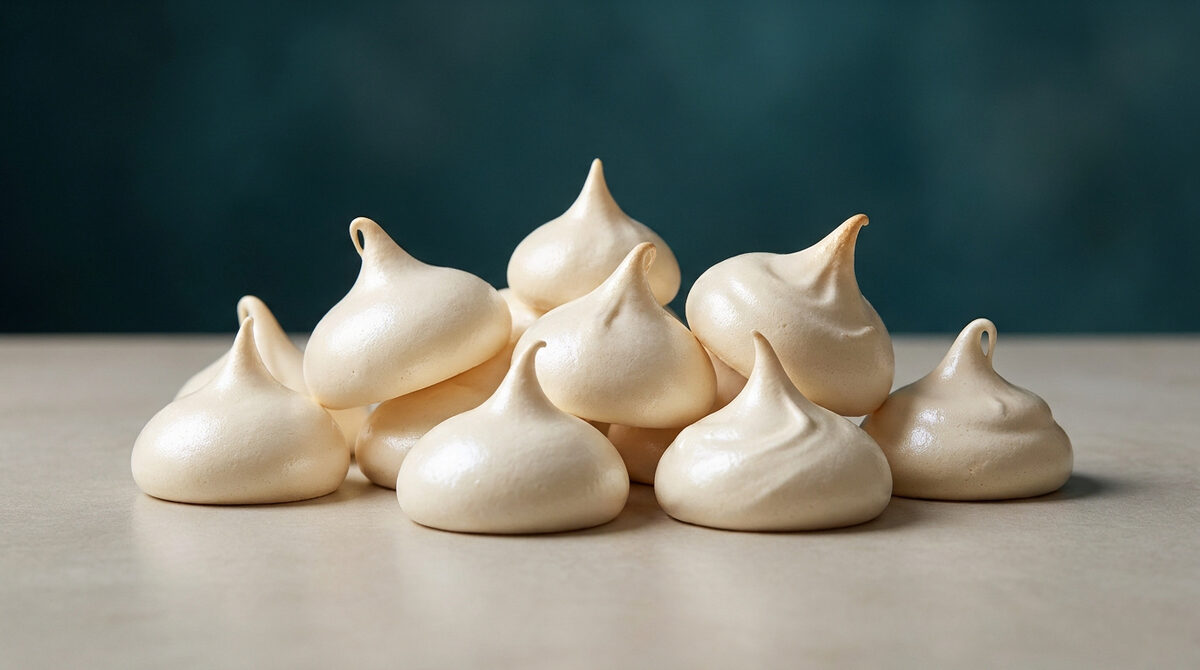 Un tas de petites meringues françaises lisses et brillantes posées sur une surface claire devant un fond bleu sombre.