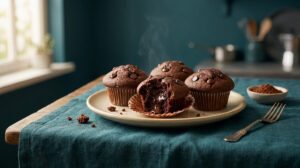 Trois muffins au chocolat sur une assiette, dont un ouvert révélant un cœur coulant, avec une légère vapeur s'en dégageant.