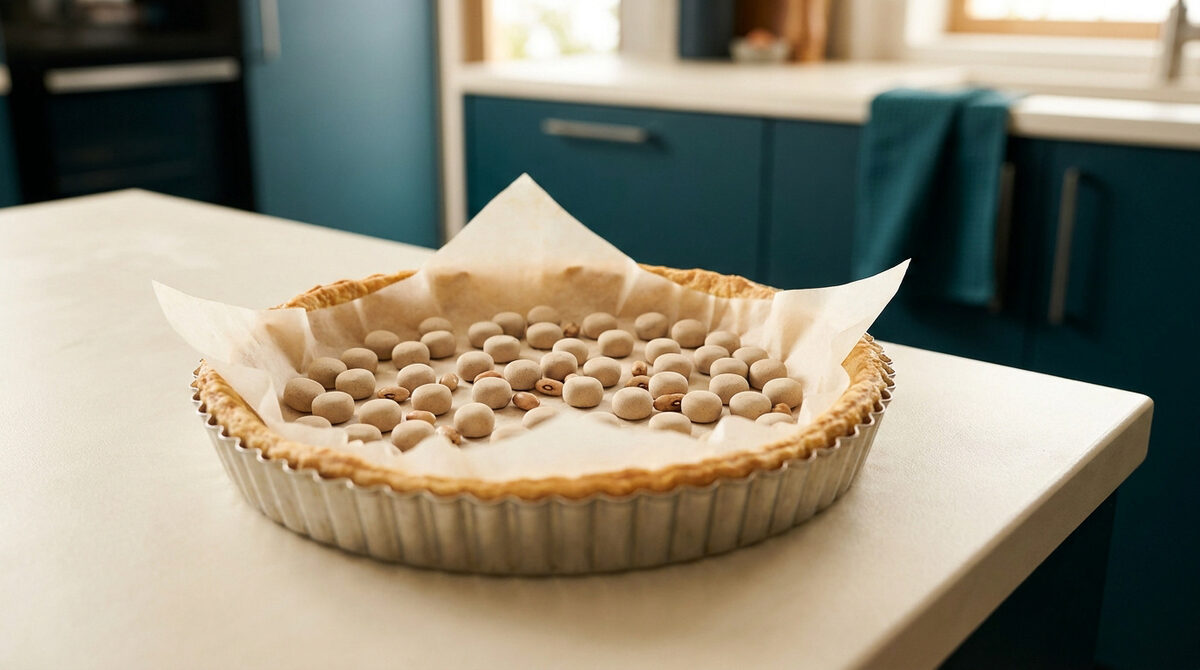 Fond de tarte cru dans un moule métallique, recouvert de papier cuisson et de billes en céramique pour la cuisson à blanc.