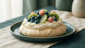 Une pavlova à la crème fouettée surmontée de framboises, myrtilles et tranches de kiwi sur une assiette bleue.