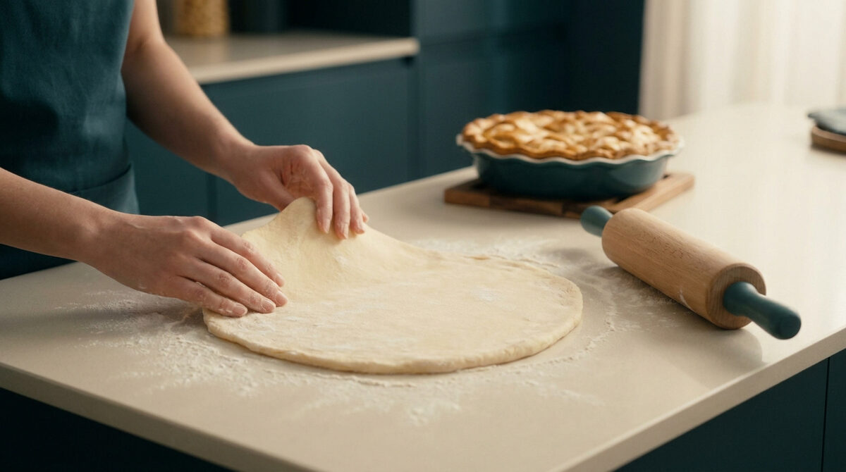Mains d'une personne étalant de la pâte à tarte sur un plan de travail fariné dans une cuisine moderne.