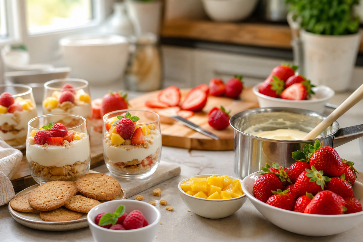 Desserts sans four préparés sur un plan de travail