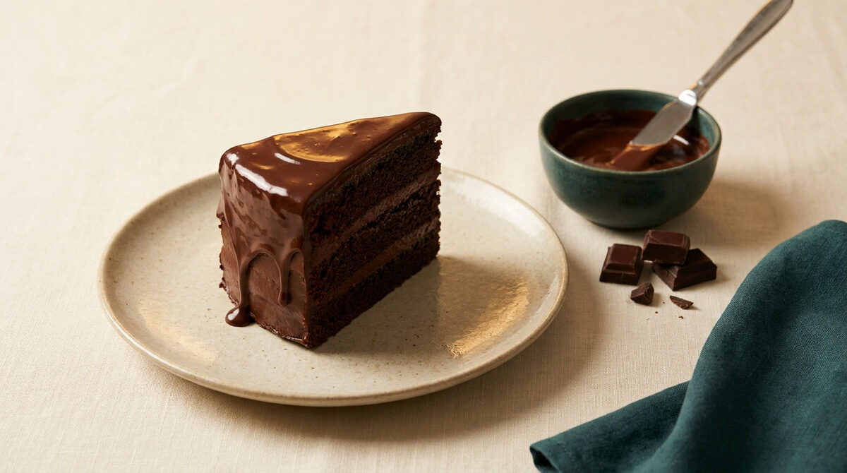 Une part de gâteau au chocolat nappée d'une ganache brillante sur une assiette en céramique.