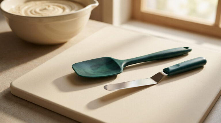 Une maryse en silicone vert et une spatule coudée en métal posées sur une planche à découper près d'un bol de pâte.