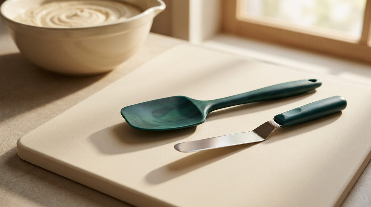 Une maryse en silicone vert et une spatule coudée en métal posées sur une planche à découper près d'un bol de pâte.