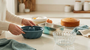 Mains tenant un moule à gâteau en silicone bleu sur un plan de travail avec divers moules et un gâteau.