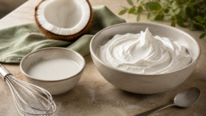 Chantilly à la crème de coco liquide à côté d’une chantilly montée