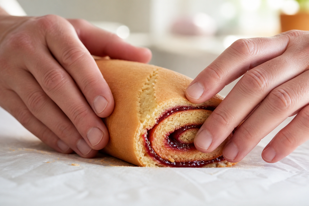 Biscuit roulé à la confiture présentant une fissure sur sa courbe