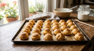 Choux à la crème dorés et bien gonflés sur une plaque de cuisson