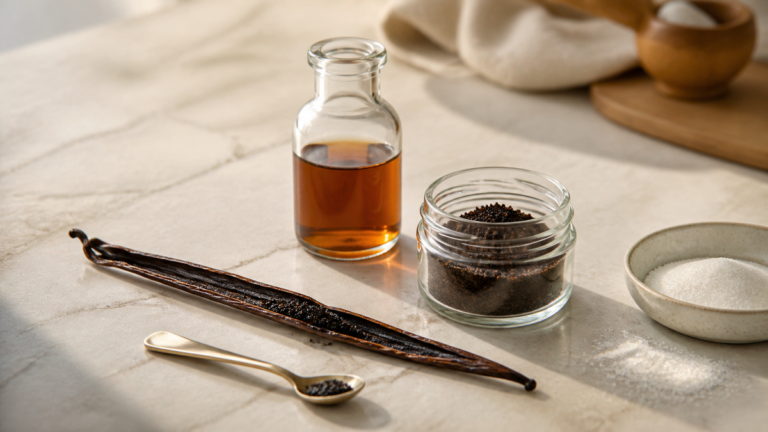 Gousse, extrait et poudre de vanille sur un plan de travail pour la pâtisserie