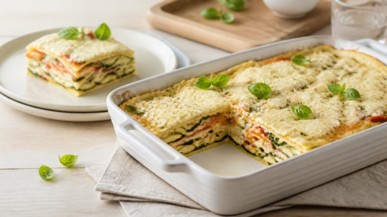 Lasagnes froides aux légumes et à la ricotta découpées en parts nettes