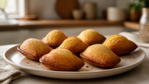 Madeleines dorées avec une bosse bien formée posées sur une assiette claire
