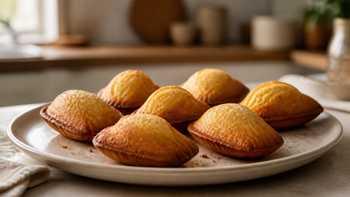 Madeleines dorées avec une bosse bien formée posées sur une assiette claire