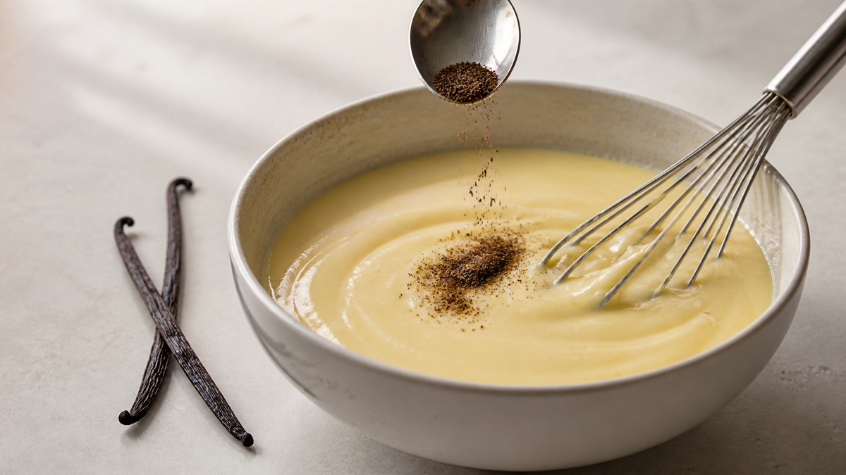 Cuillère de poudre de vanille ajoutée à une préparation de crème en pâtisserie