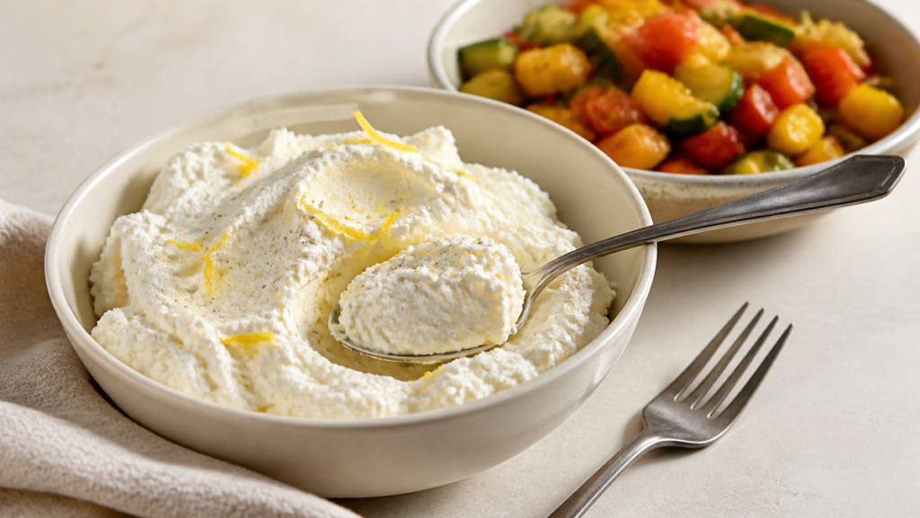 Ricotta épaisse assaisonnée au citron avant le montage des lasagnes froides