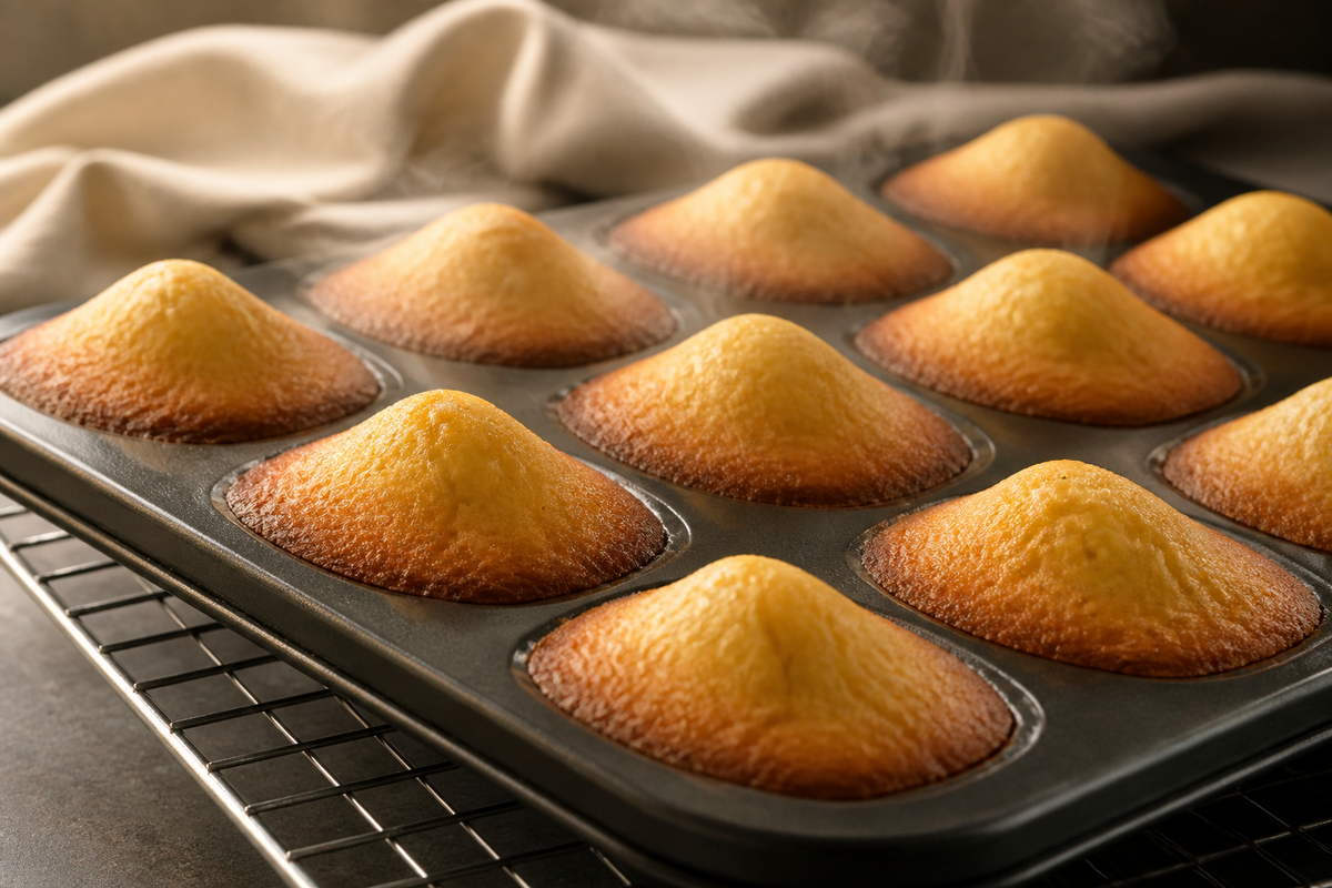 Madeleines sorties du four avec une bosse nette au centre, encore dans le moule en métal