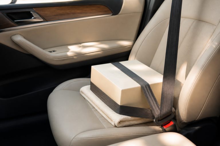 Boîte à gâteau calée à plat sur un siège de voiture, prête pour transporter un dessert sans casse.