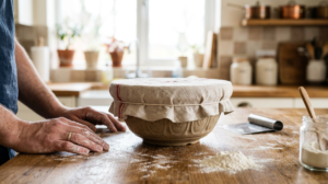 Bol de pâte à pain couvert d'un linge sur un plan de travail en cuisine