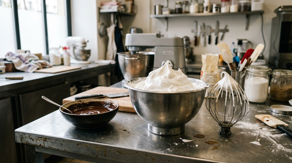 Blancs d'œufs montés en neige bien fermes dans un bol en inox, chocolat fondu à côté