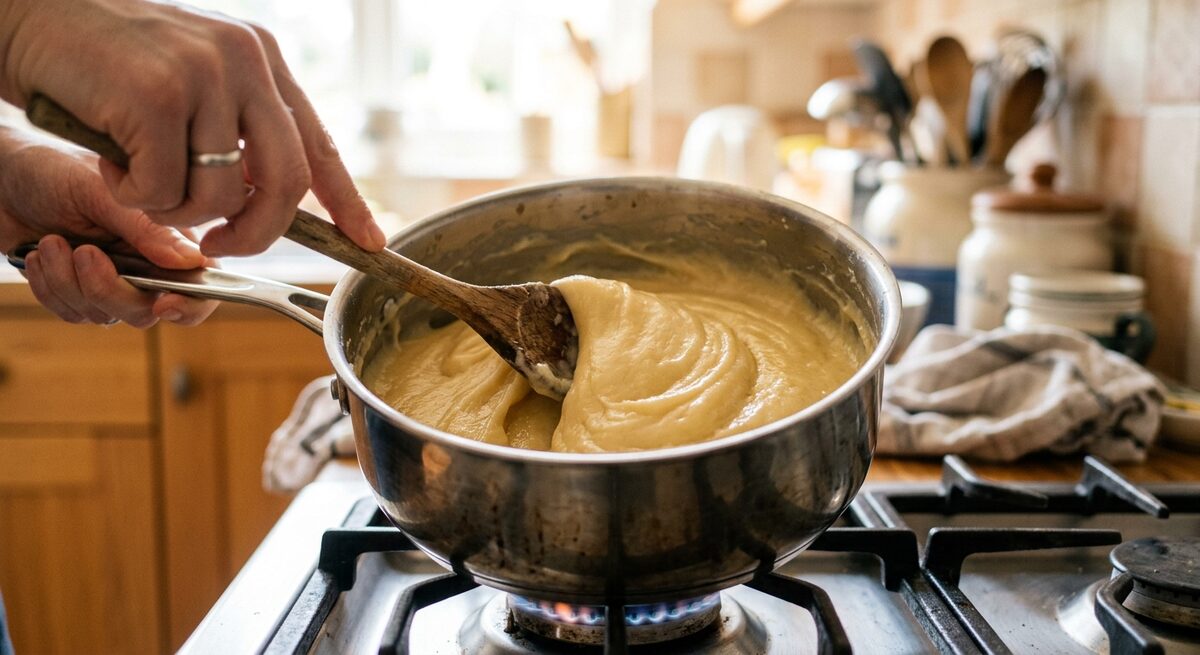 Panade de pâte à choux dans une casserole, texture lisse et souple prête à recevoir les œufs