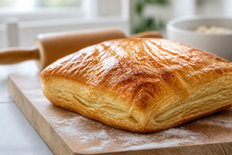 Pâte feuilletée maison dorée posée sur un plan de travail fariné, avec un rouleau à pâtisserie